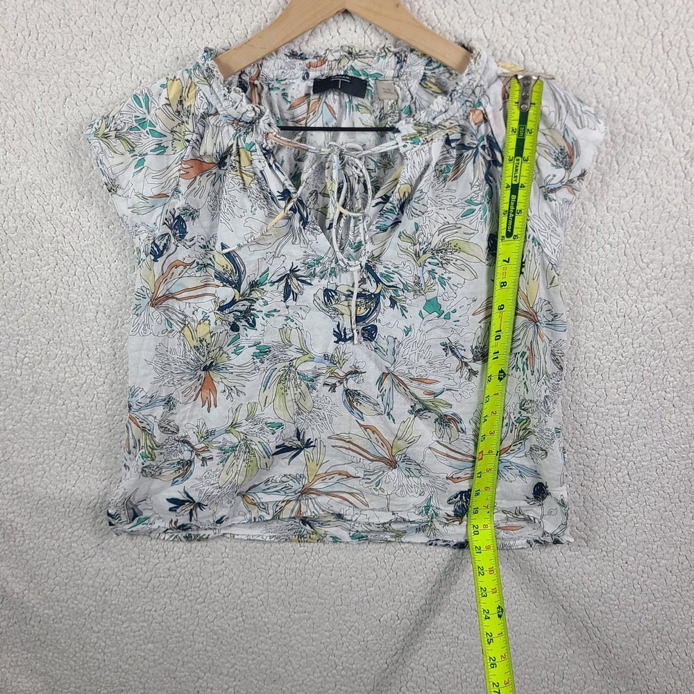 Tahari 100% Cotton Botanical Floral Blouse Ruffle Tie Neck Flutter Sleeve XL